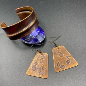 Copper Cuff Bangle Bracelet & Music Note Earrings